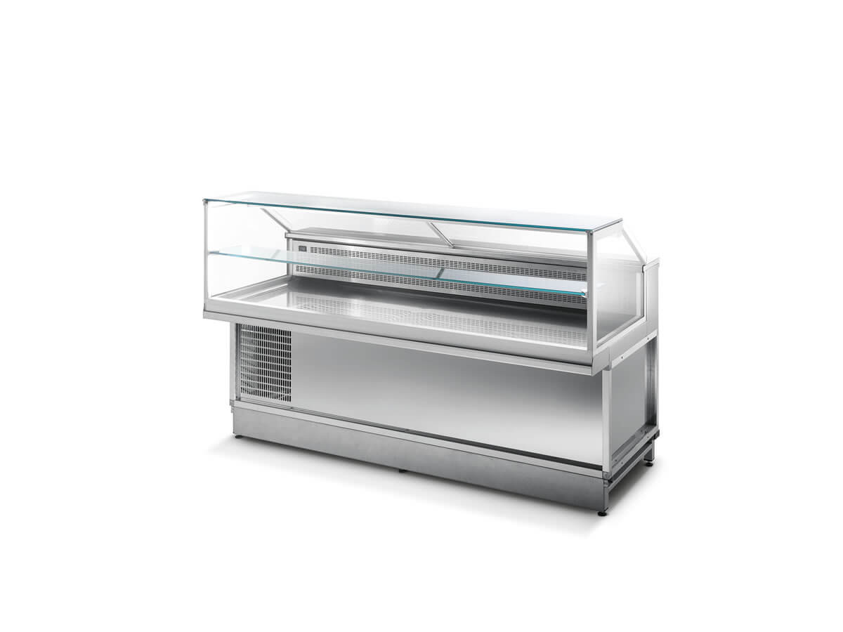 Vitrine canalisable inox à vitrage droit, sans décor, prête à intégrer dans un comptoir