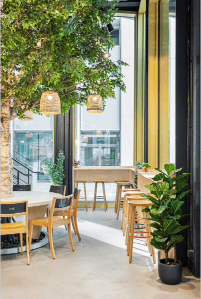 Espace de restauration avec tables, tabourets hauts et décor végétal dans un salad bar