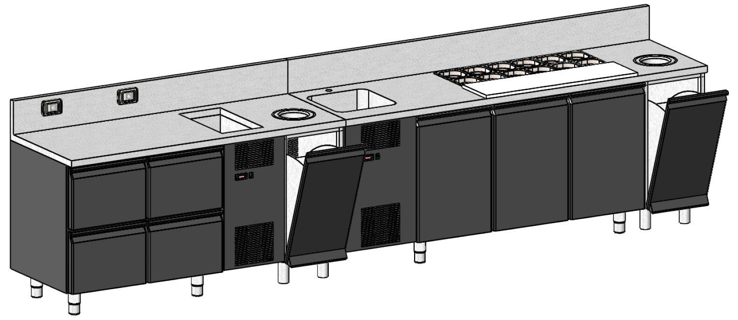 Vue 3D d’un arrière-bar barista noir sur mesure avec tiroirs réfrigérés et éviers