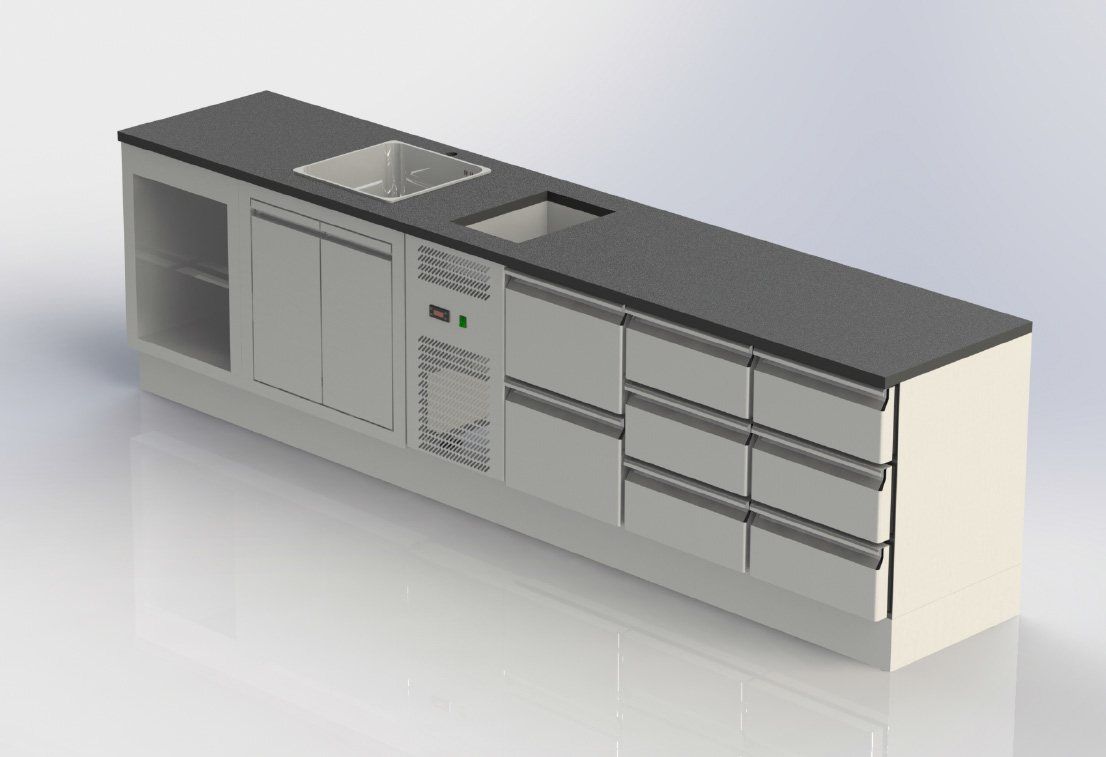 Vue 3D d’un arrière-bar réfrigéré sur mesure avec plan de travail noir, portes et tiroirs