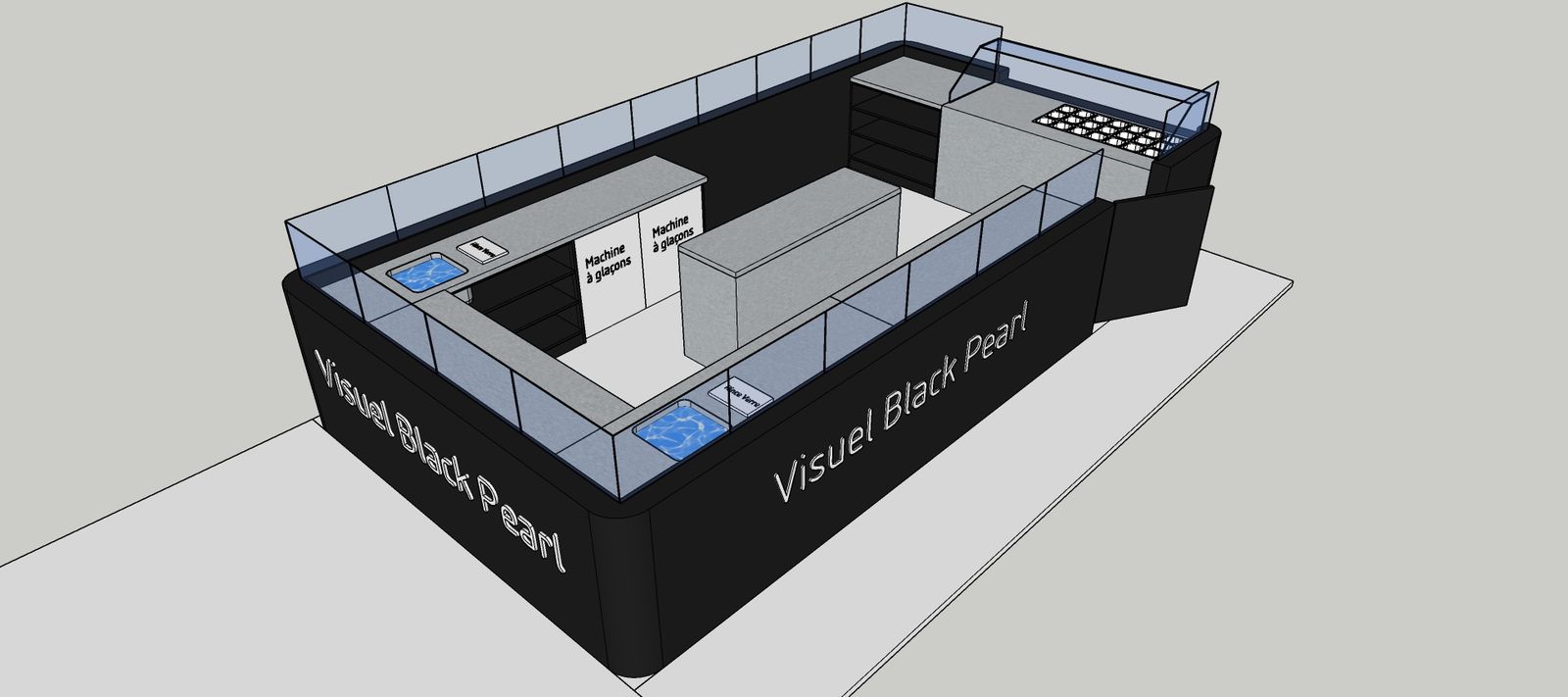 Vue 3D d’un bar à bubble tea sur mesure en îlot, avec comptoir noir et postes de préparation