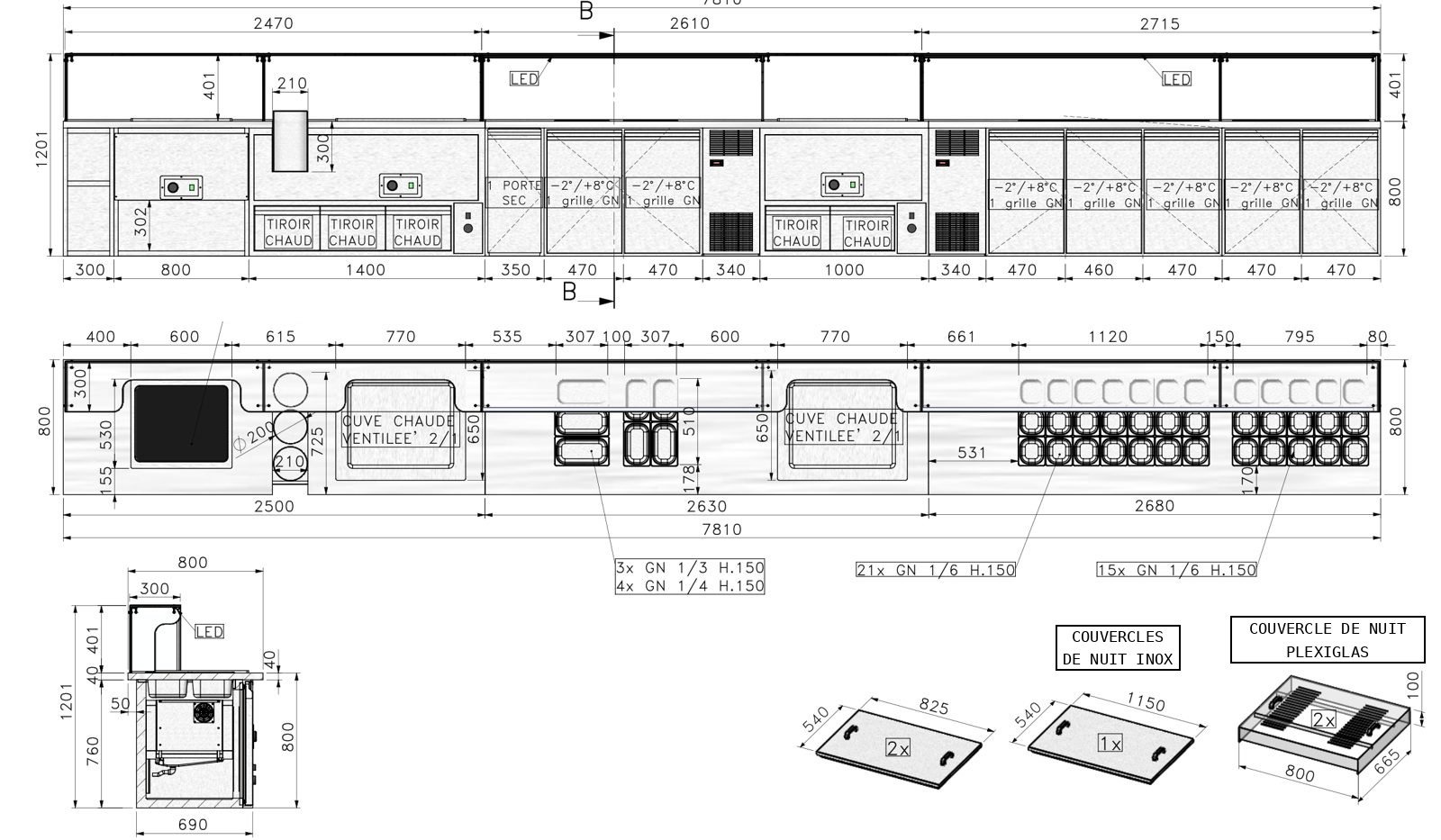 Plan technique d'un comptoir de 7,80 m réalisé par le bureau d'études EUROPROJET