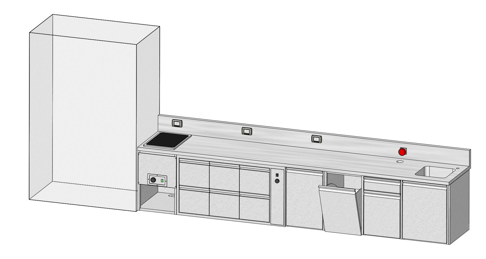 Vue 3D d'un comptoir de vente à emporter conçue par EUROPROJET