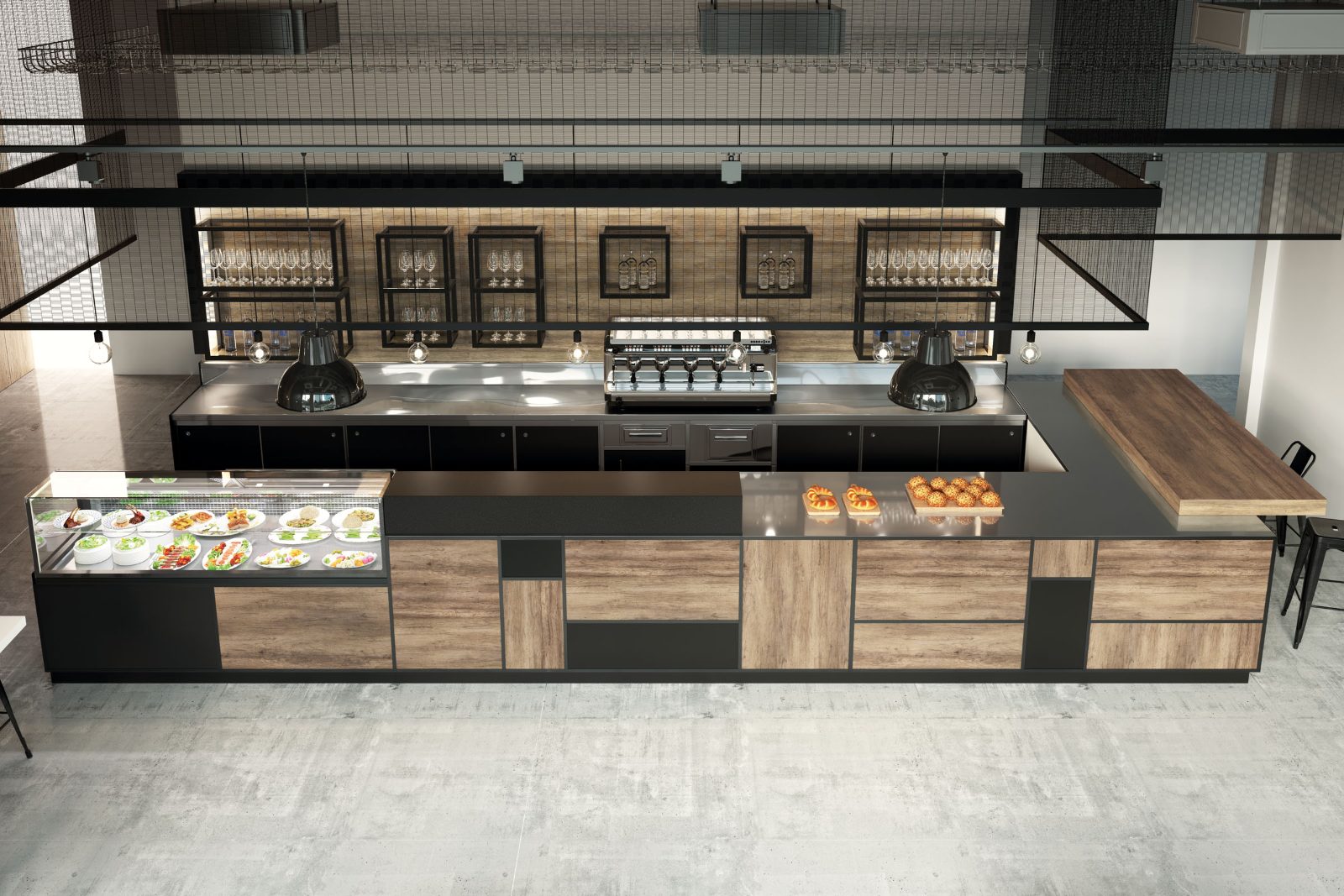 Comptoir de bar sur mesure bois et noir avec vitrine réfrigérée