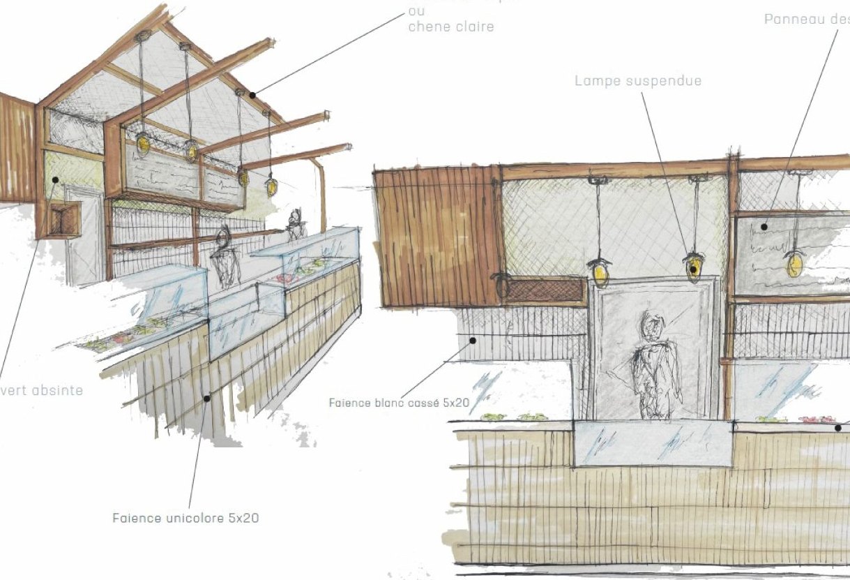 Esquisse d'architecte d'un comptoir de vente à emporter