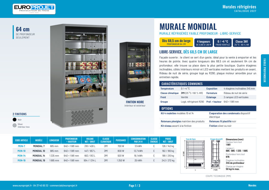 Fiche technique Murale réfrigérée libre-service ouverte faible profondeur Mondial – catalogue 2027