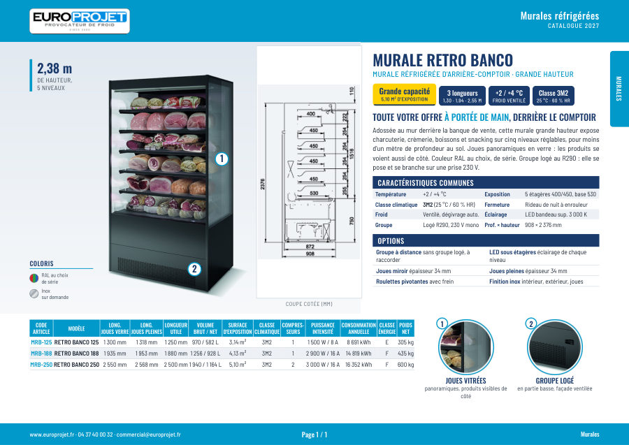 Fiche technique Murale réfrigérée d'arrière-comptoir grande hauteur Retro Banco – catalogue 2027