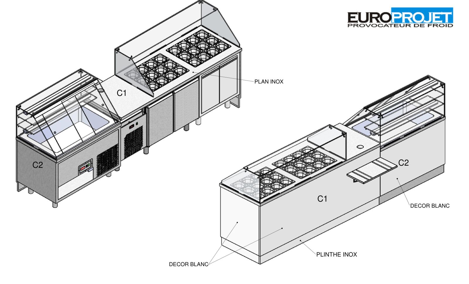 Comptoir de frozen yogurt avec bacs à toppings réfrigérés — plan Europrojet