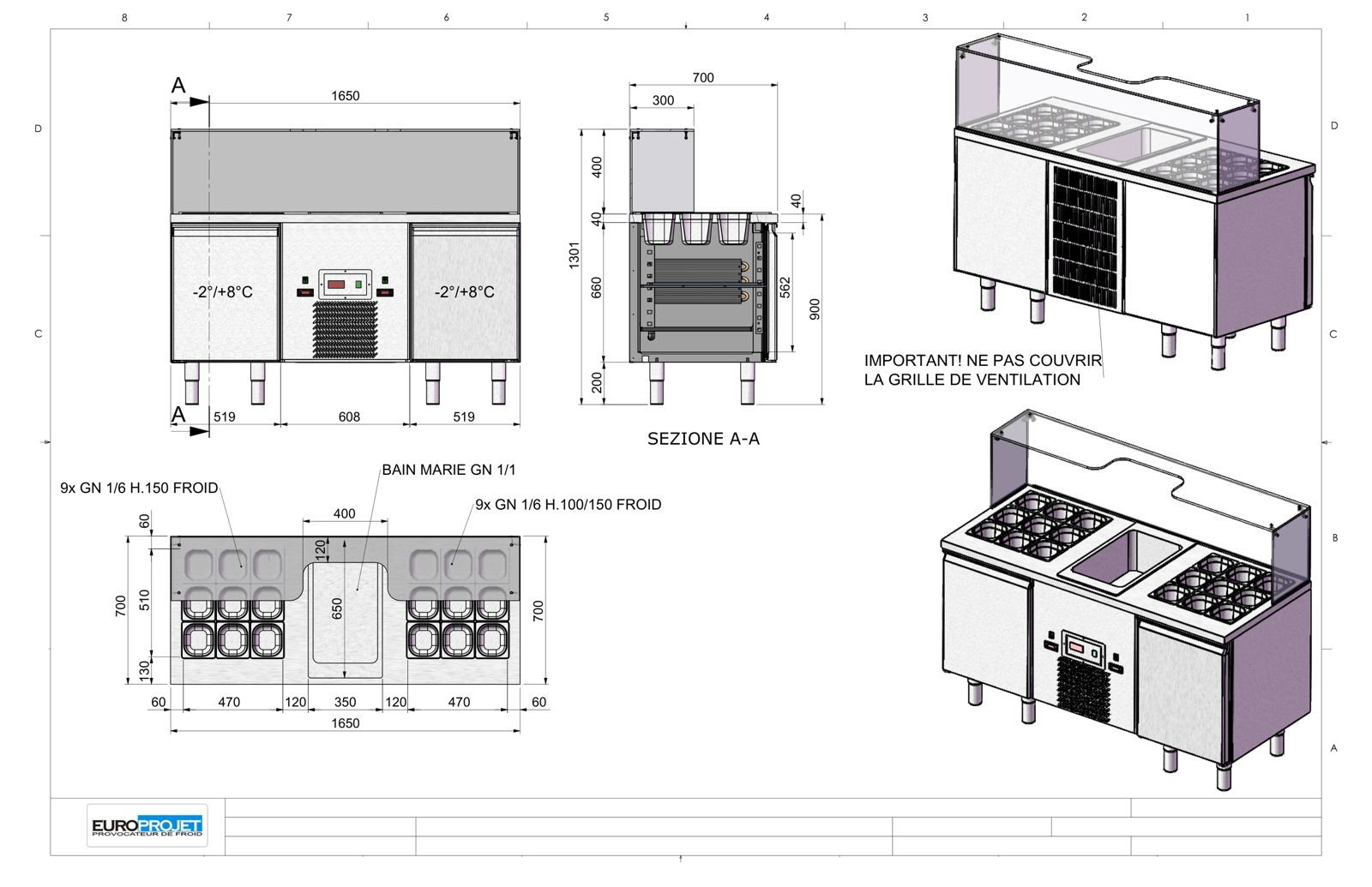 Meuble à toppings chaud et froid : coupes et cotes — plan Europrojet
