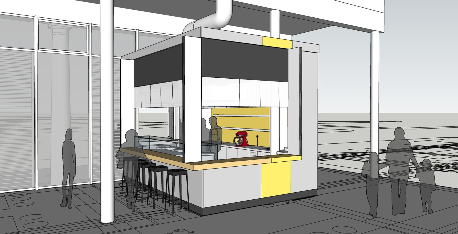 Vue 3D d’un kiosque de crêperie sur mesure en galerie, avec comptoir de service et tabourets