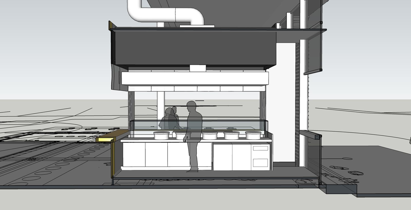 Coupe 3D d’un kiosque de crêperie côté crêpières, avec hotte et comptoir de service