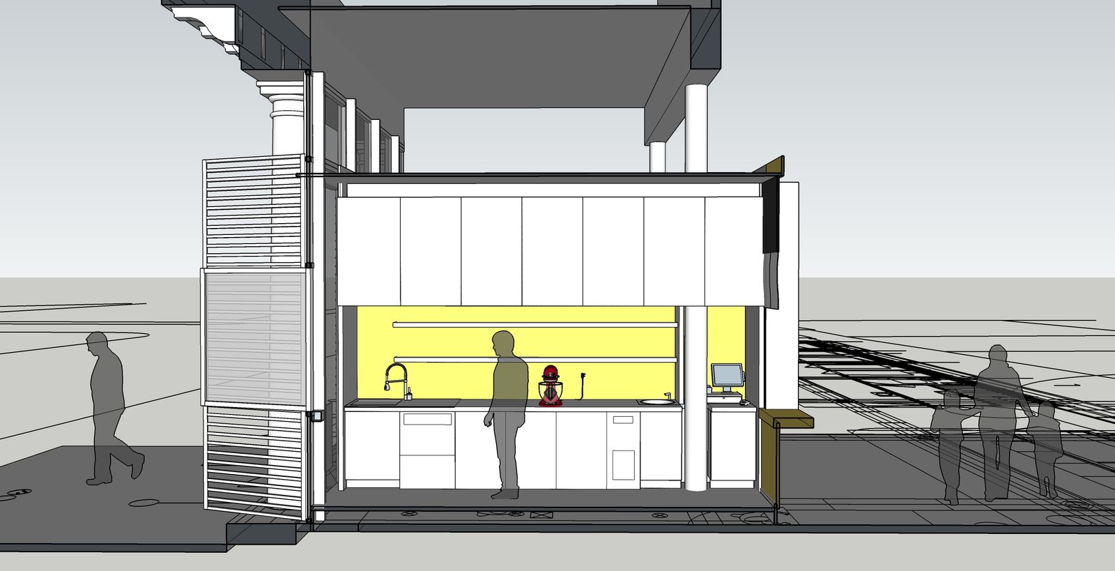 Coupe 3D d’un kiosque de crêperie côté préparation, avec plan de travail et rangements