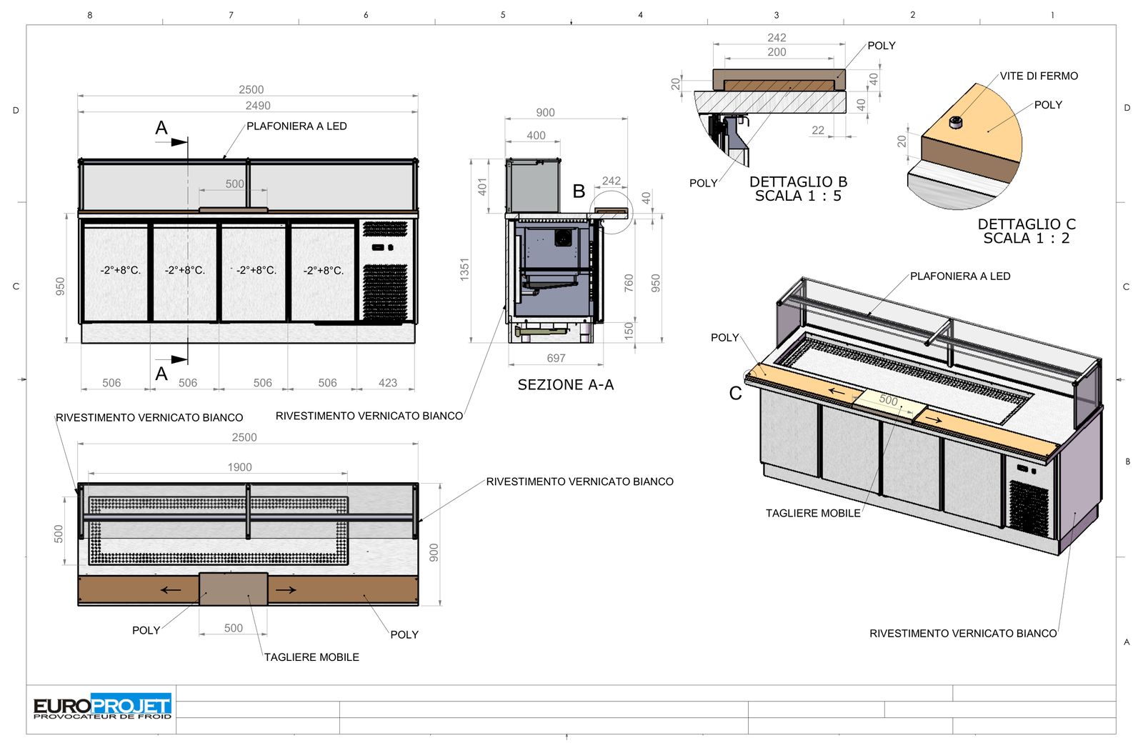 Comptoir réfrigéré de stand food, plafonnier LED et planche mobile — plan Europrojet