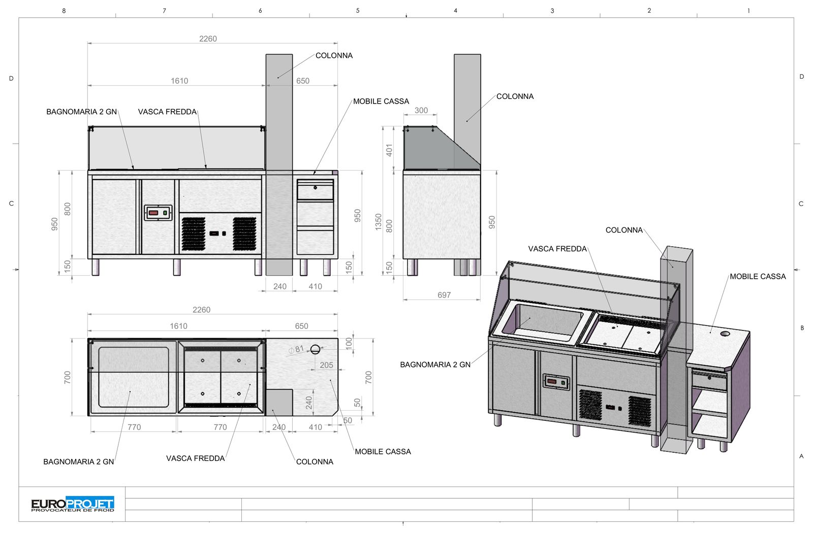 Comptoir de vente à emporter intégré autour d’un pilier — plan Europrojet