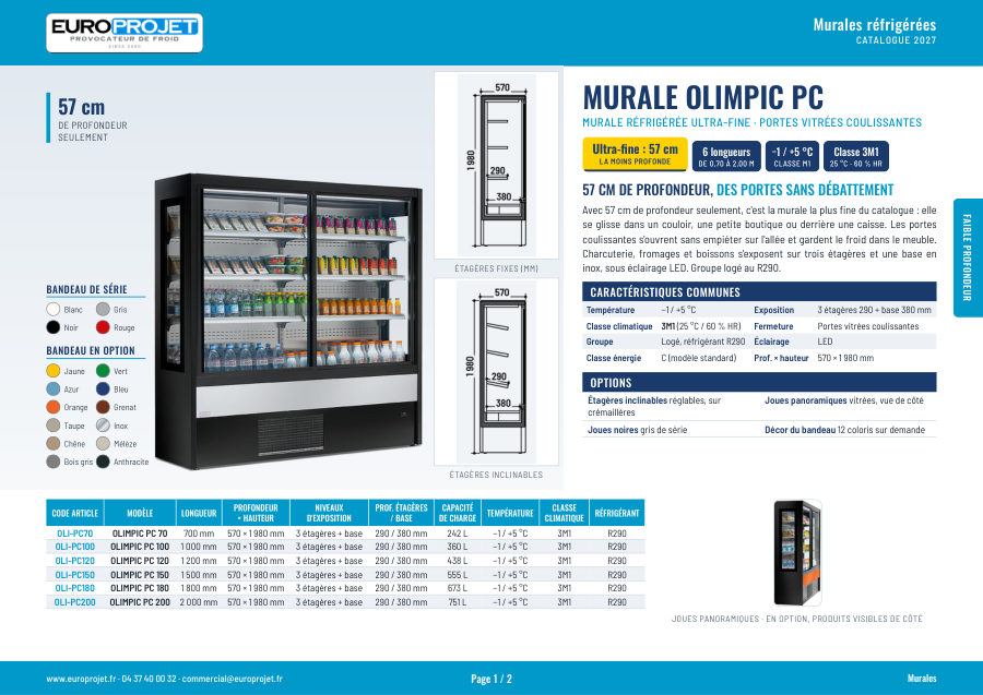 Murale réfrigérée Olimpic 2027 à portes vitrées coulissantes, fiche technique du catalogue Europrojet
