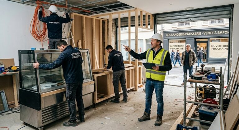 Chantier de boulangerie : le contractant général coordonne électricien, frigoriste et menuisier pendant que le client regarde depuis la rue