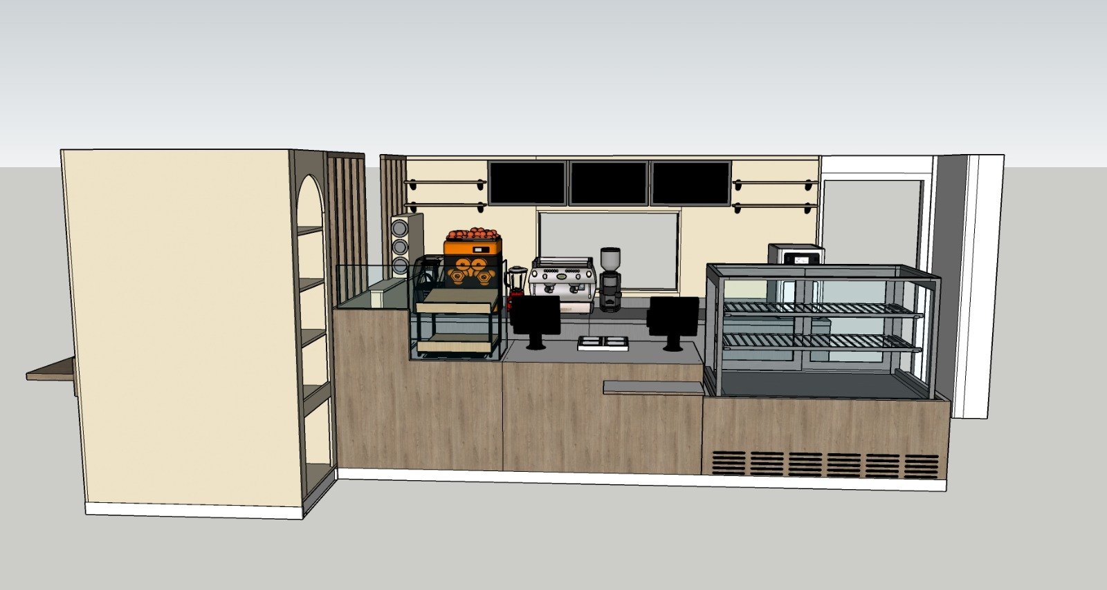 Plan 3D du comptoir EMME : jus pressés, café et vitrine réfrigérée