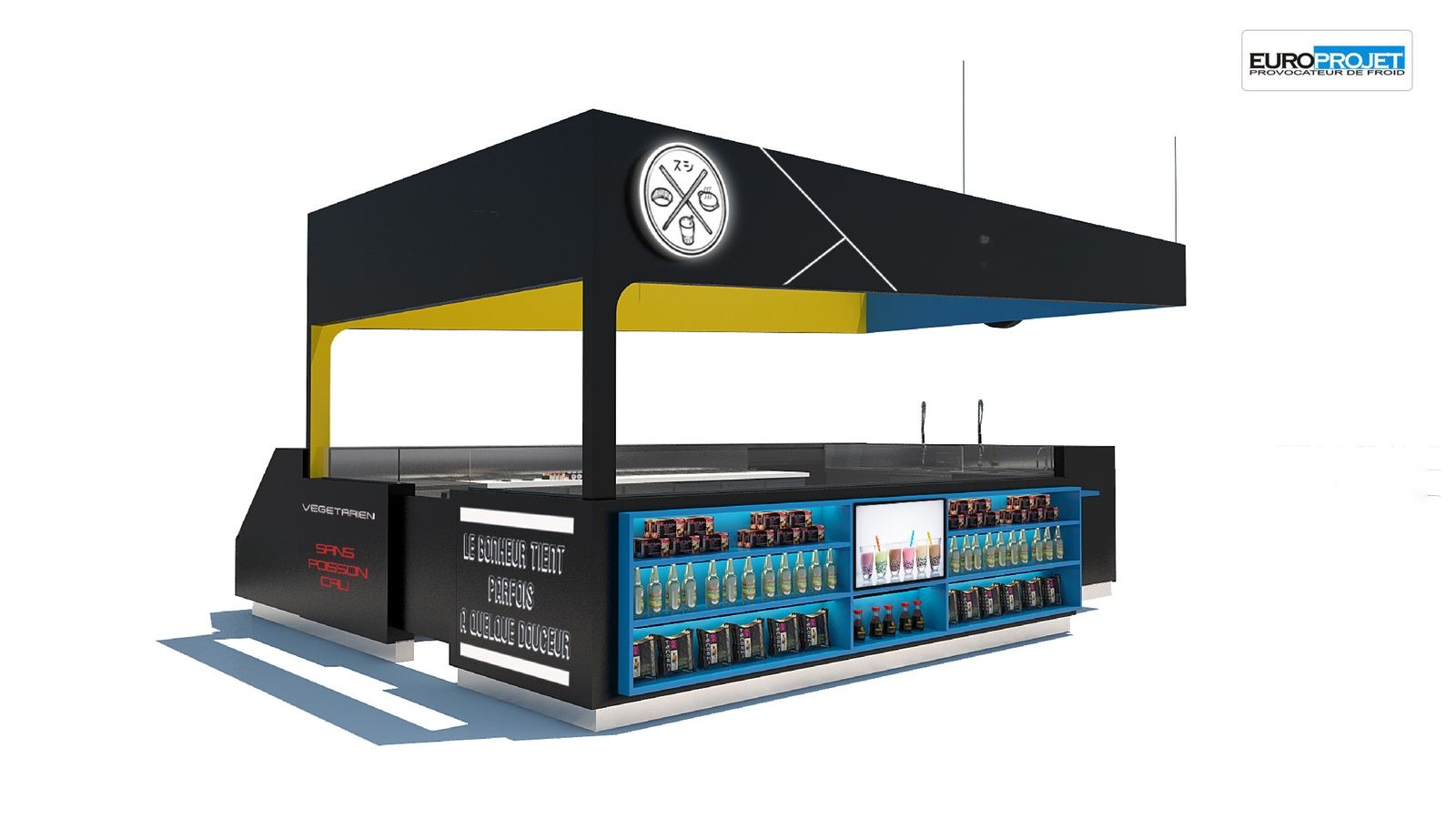 Kiosque à sushis en supermarché : îlot avec casquette et murale à boissons — plan Europrojet