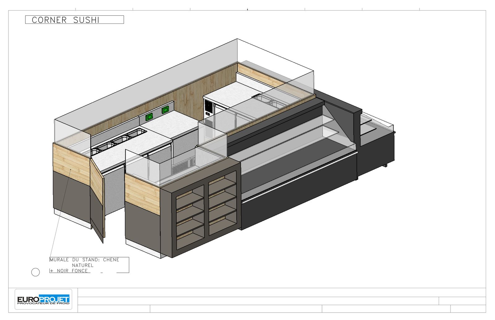 Corner sushi : vitrine de vente, poste de préparation et murale décor chêne — plan Europrojet