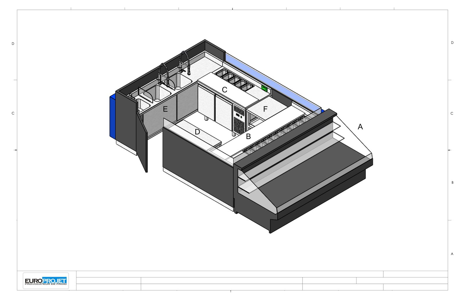 Kiosque à sushis petite taille : vitrine, préparation et plonge — plan Europrojet