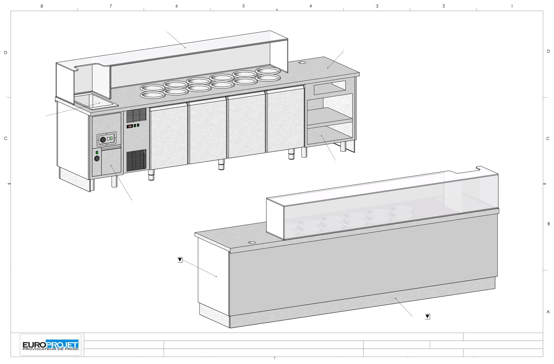 Comptoir poké bowl / topping bar avec arrière-comptoir — plan Europrojet