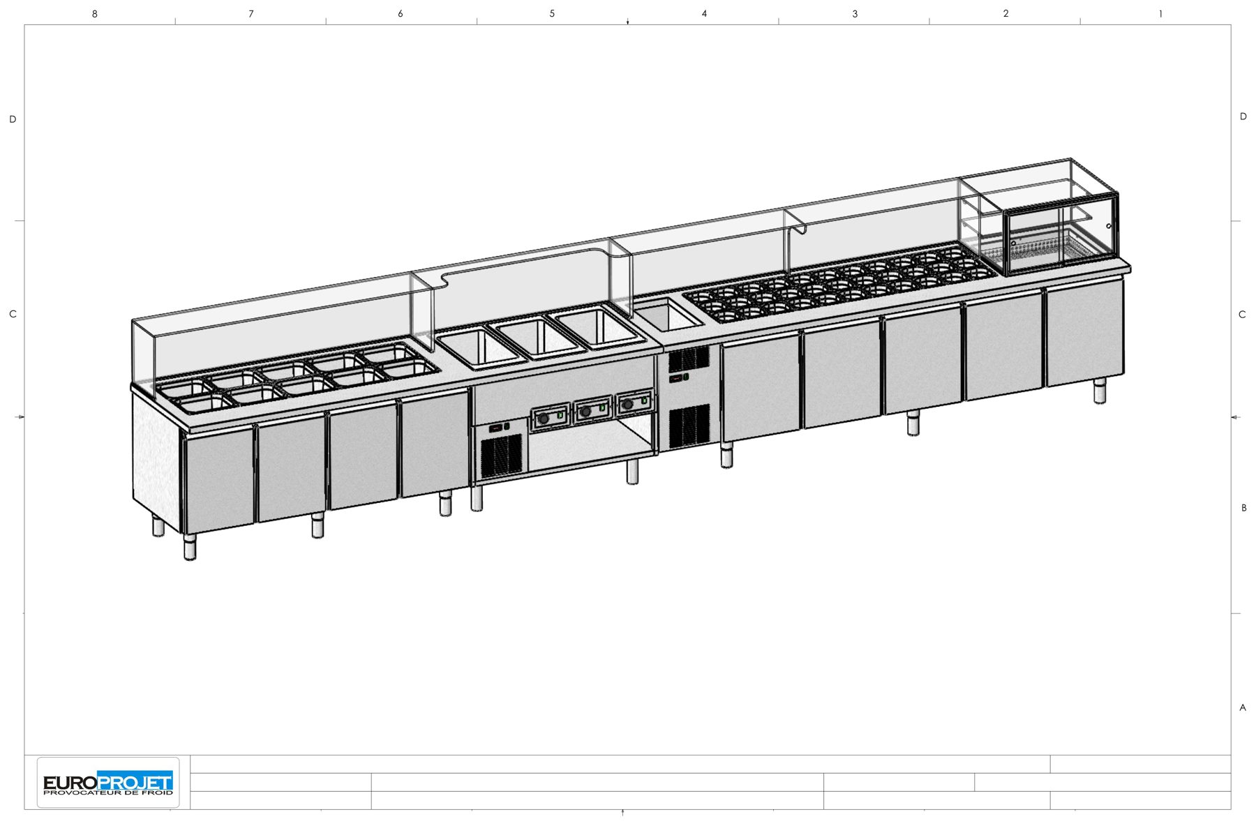 Salad bar complet : froid, bain-marie et cuve chaude sur une même ligne — plan Europrojet