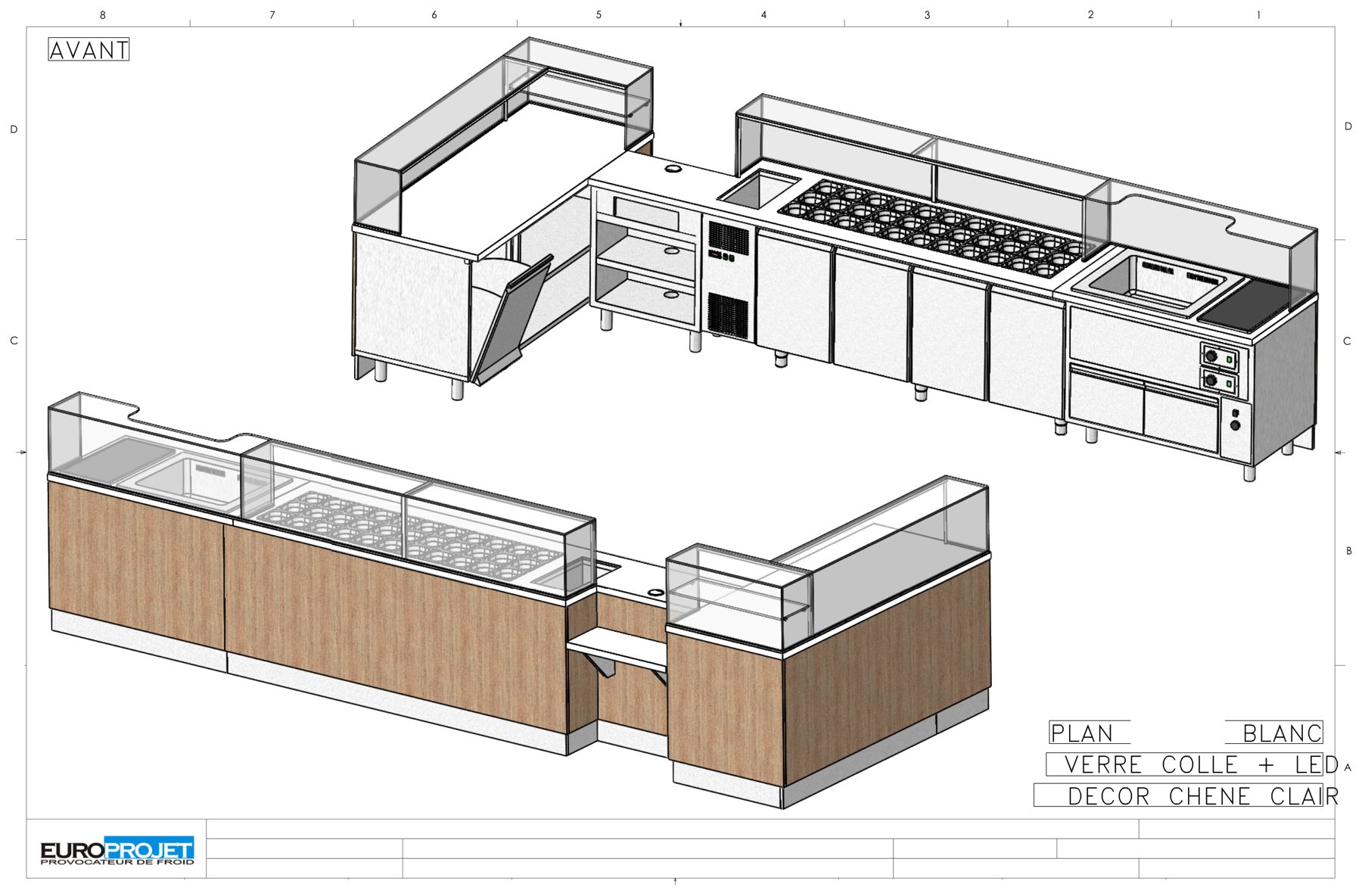 Salad bar en îlot : verre collé, éclairage LED, décor chêne clair — plan Europrojet