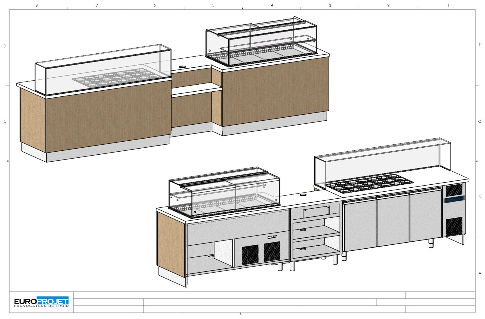 Salad bar de vente à emporter, façade bois et vitrines de présentation — plan Europrojet