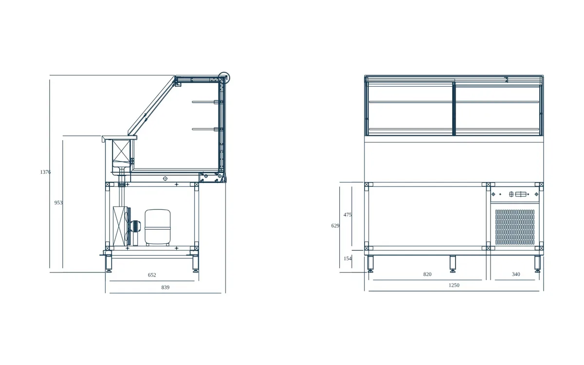 Plan DWG Just — vitrage haut — Coupe et façade, vitrine réfrigérée 1 250 mm
