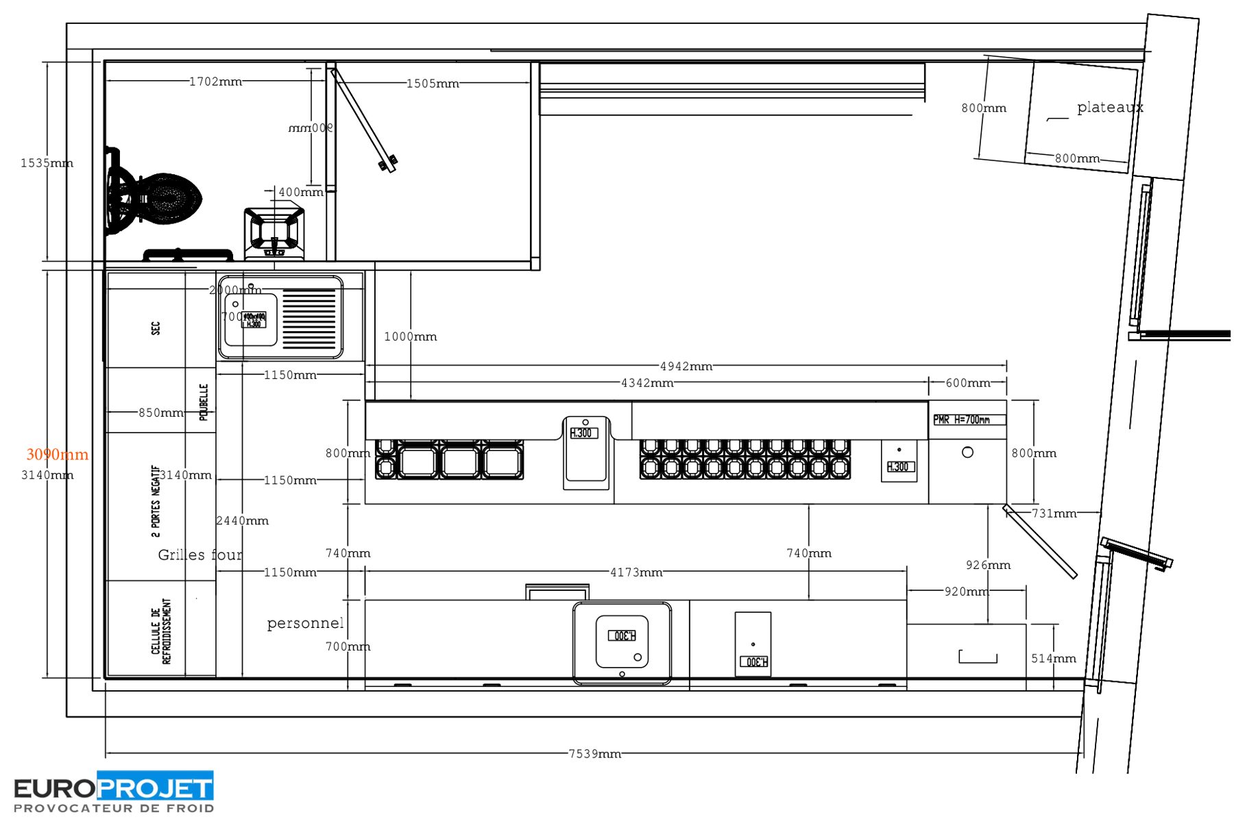Plan d'implantation d'une boutique complète, vue de dessus — plan Europrojet