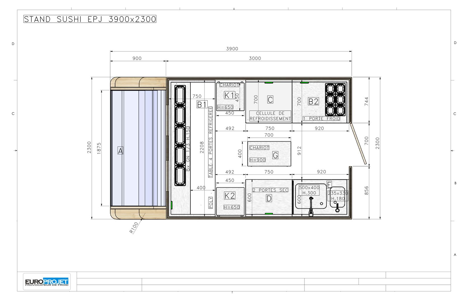 Plan d’implantation coté d’un stand de 3,90 x 2,30 m — plan Europrojet