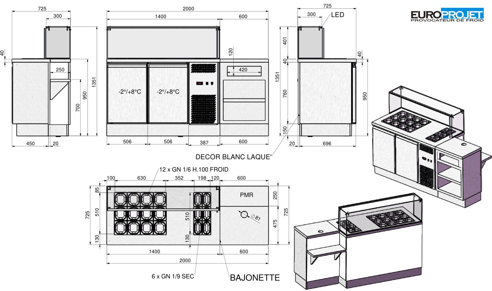 Meuble à toppings compact : plan coté, bacs froids et secs — plan Europrojet