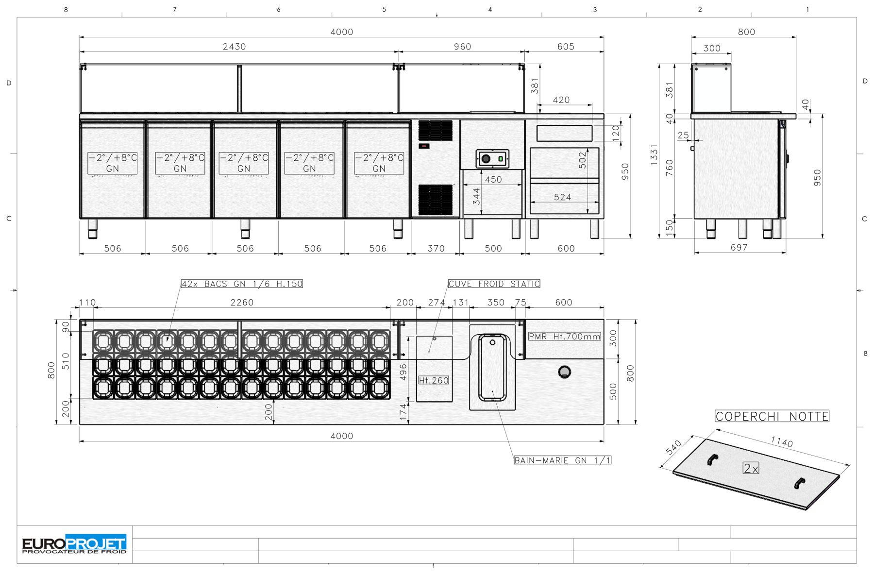 Plan technique coté : 42 bacs GN 1/6, cuve froide et bain-marie — plan Europrojet