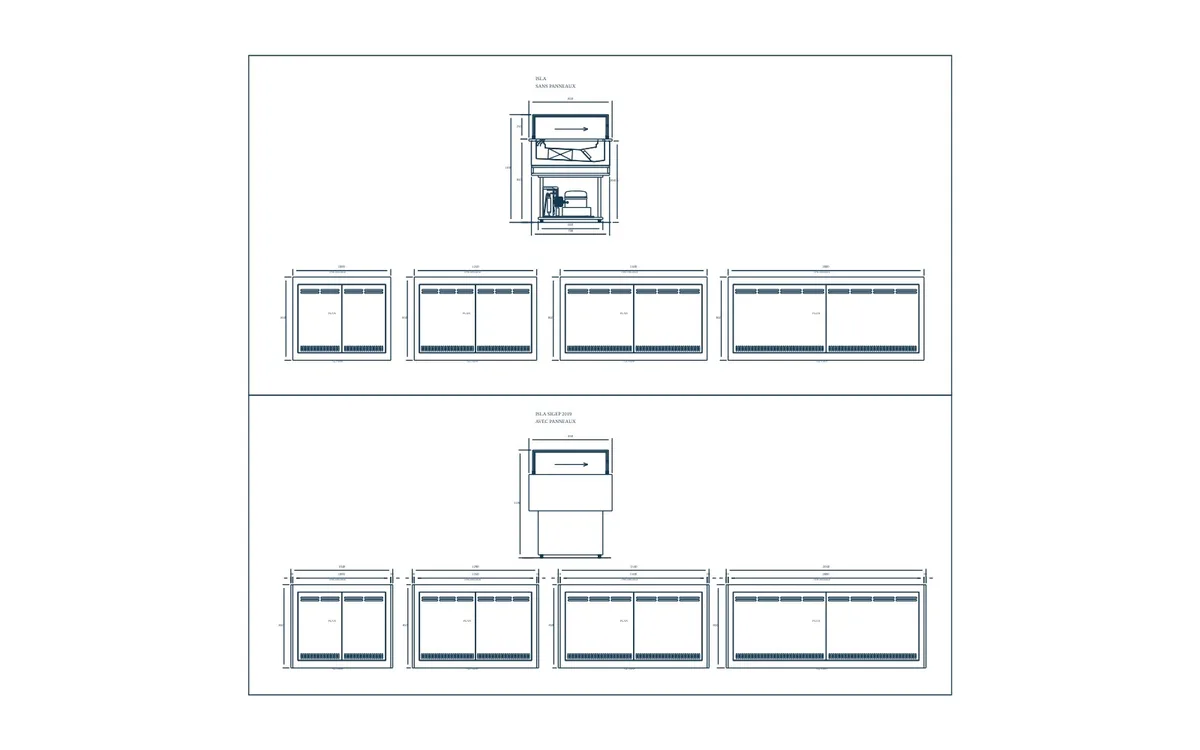 Plan DWG Isla — Vitrine en îlot, avec ou sans panneaux