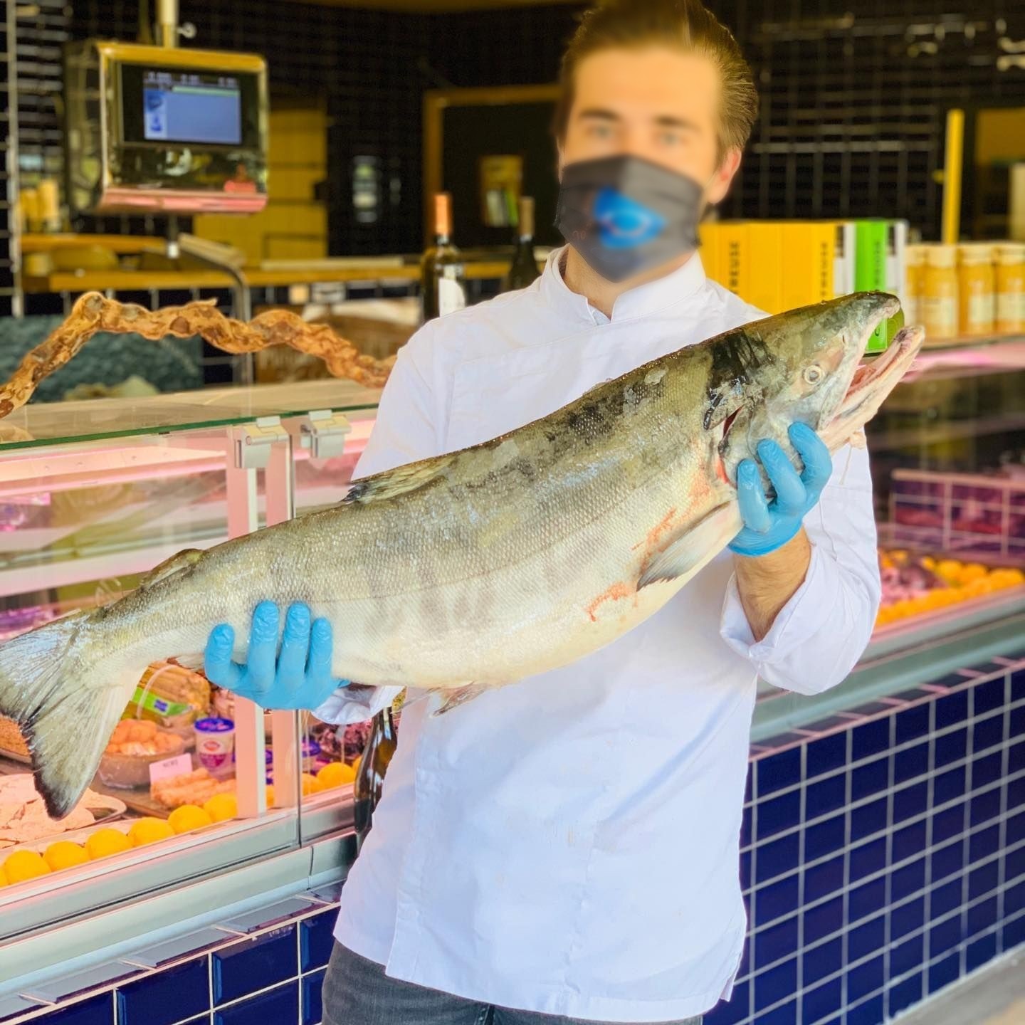 Poissonnier présentant un saumon entier devant ses vitrines réfrigérées à Aix-en-Provence