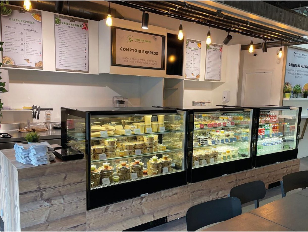 Vitrines réfrigérées du comptoir express Green sur mesure, équipé par EUROPROJET