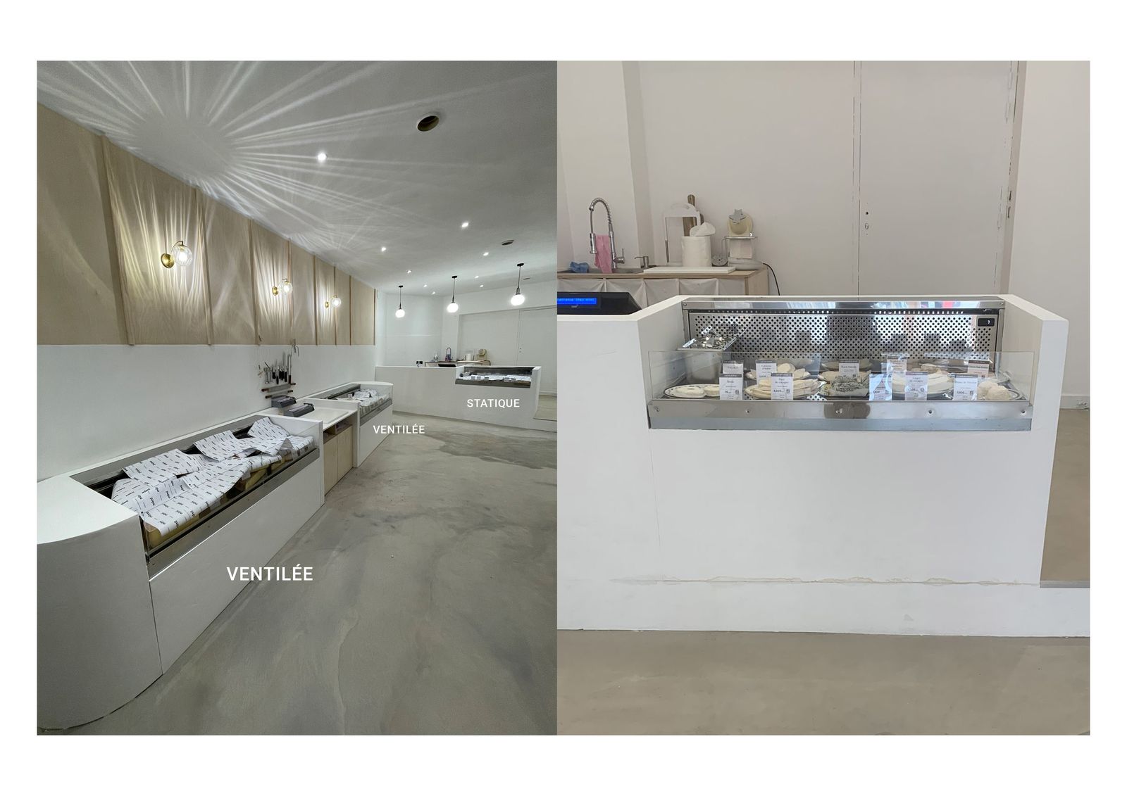 Crémerie à Bordeaux combinant une vitrine réfrigérée ventilée et une vitrine statique pour les fromages