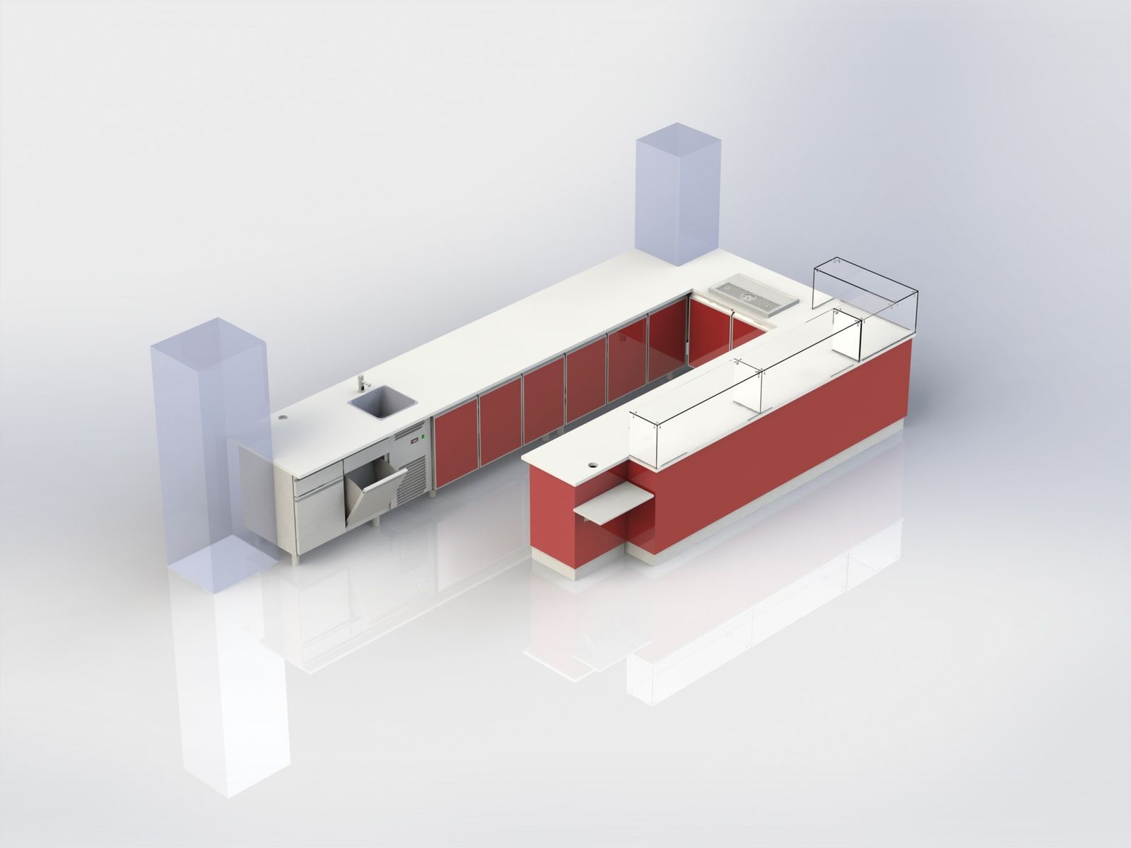 Vue 3D d’un comptoir de pizza à emporter sur mesure avec façade rouge et vitrine