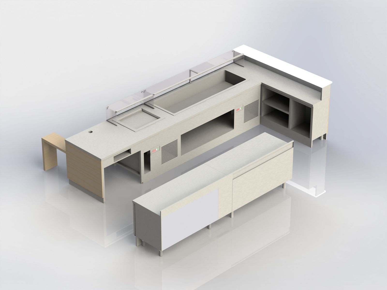 Vue 3D d’un comptoir de pizzeria sur mesure en L avec zone de vente et arrière-comptoir