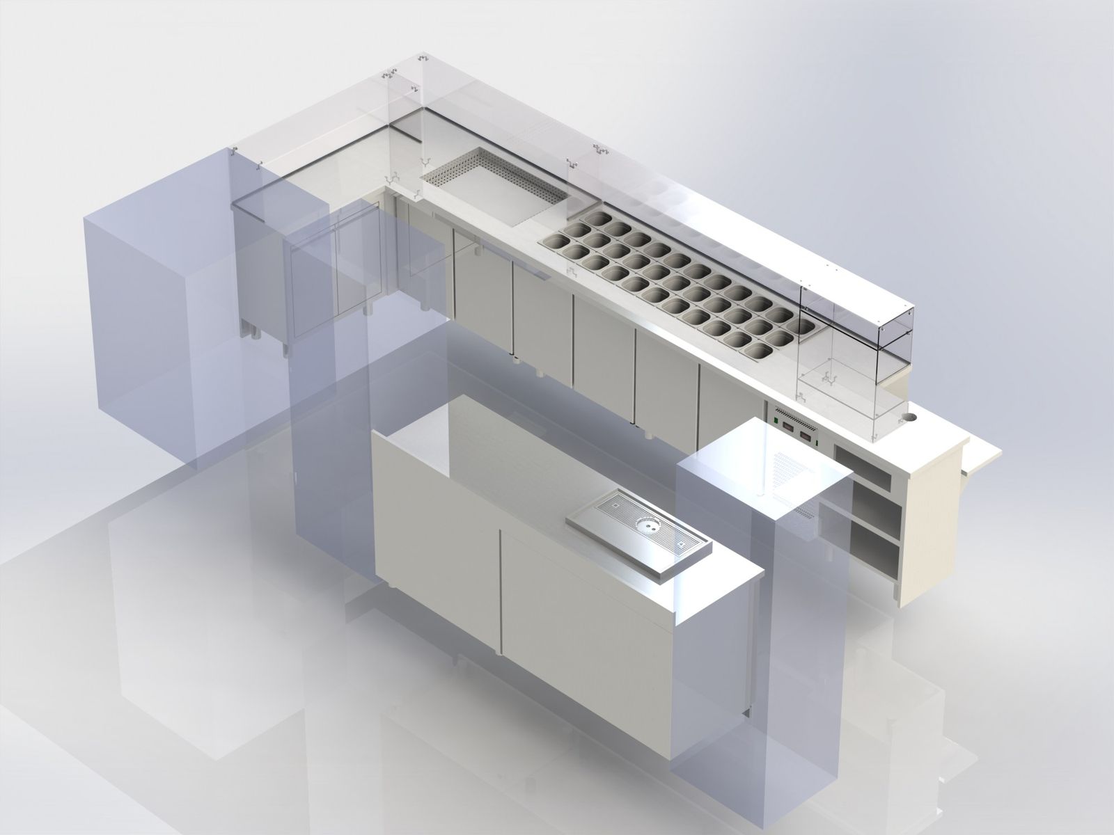 Vue 3D d’un comptoir de vente à emporter de burgers avec ligne de toppings
